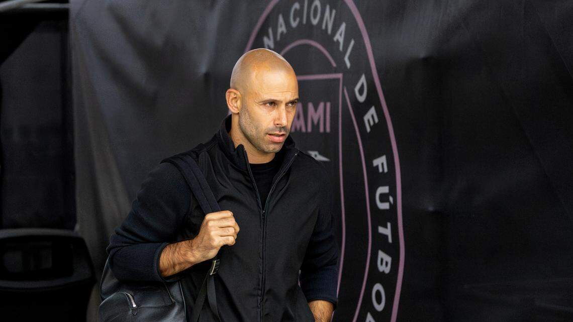 Inter Miami head coach Javier Mascherano arrives to Chase Stadium before the of their MLS match against Philadelphia Union on Saturday, March 29, 2025, in Fort Lauderdale, Fla.