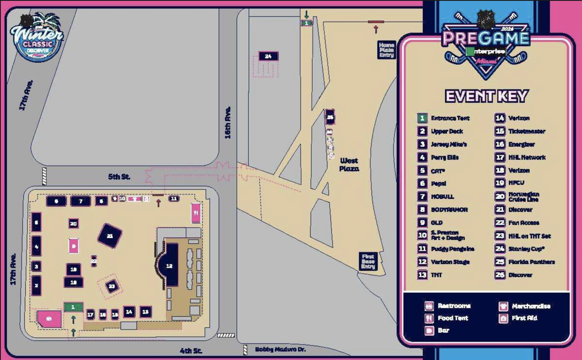 A map of locations for 2026 Enterprise NHL PreGame, the pregame fan festival for the Winter Classic held at loanDepot park.