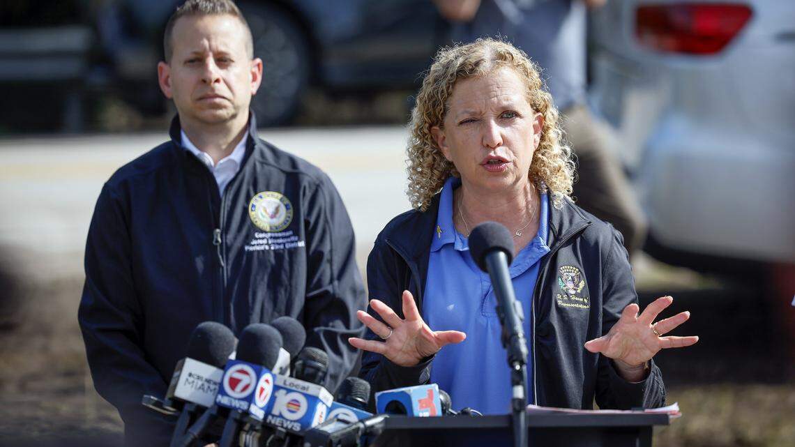 U.S. Representatives Debbie Wasserman Schultz and Jared Moskowitz, seen otuside Alligator Alcatraz on July 12, 2025, might have tough decisions to make if DeSantis’ new congressional maps pass.