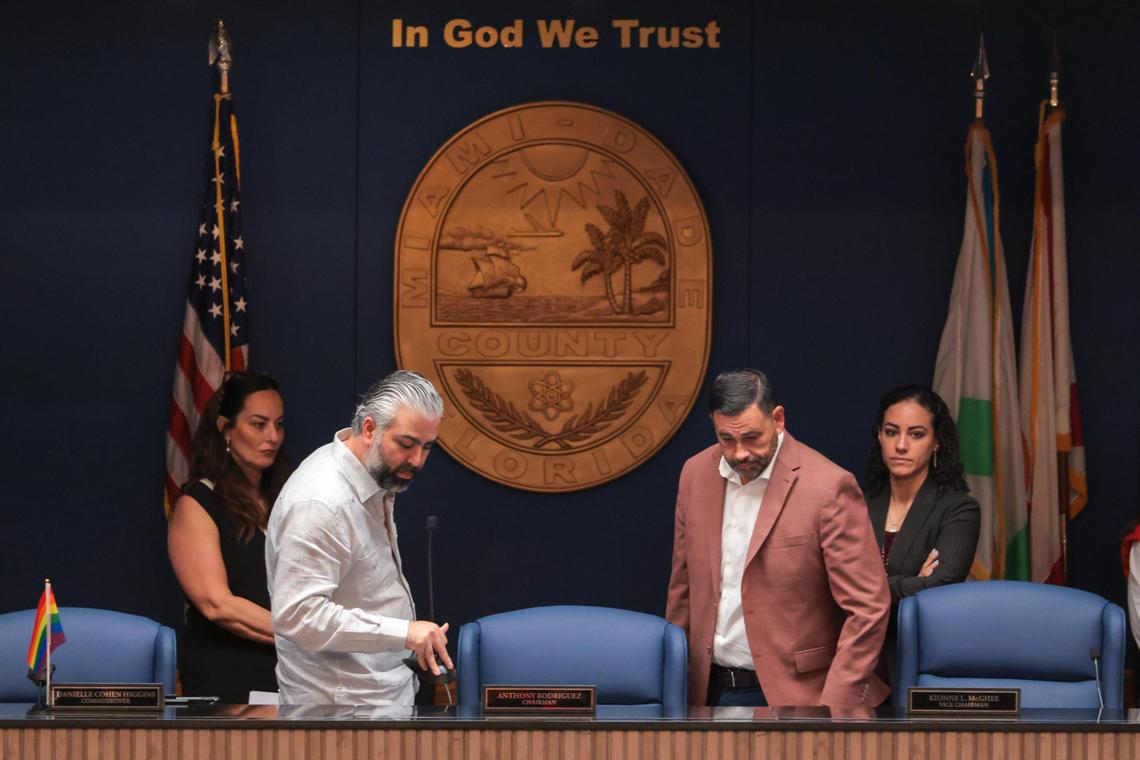 Miami-Dade County Commission Chairman Anthony Rodriguez, second from left, cancels a County Commission committee hearing to discuss a proposed agreement between ICE and the administration of Mayor Daniella Levine Cava due to a lack of quorum on Monday, June 9, 2025. The matter of the hearing was regarding reimbursement for extended detention in county jails of inmates booked on local charges but also sought for deportation.