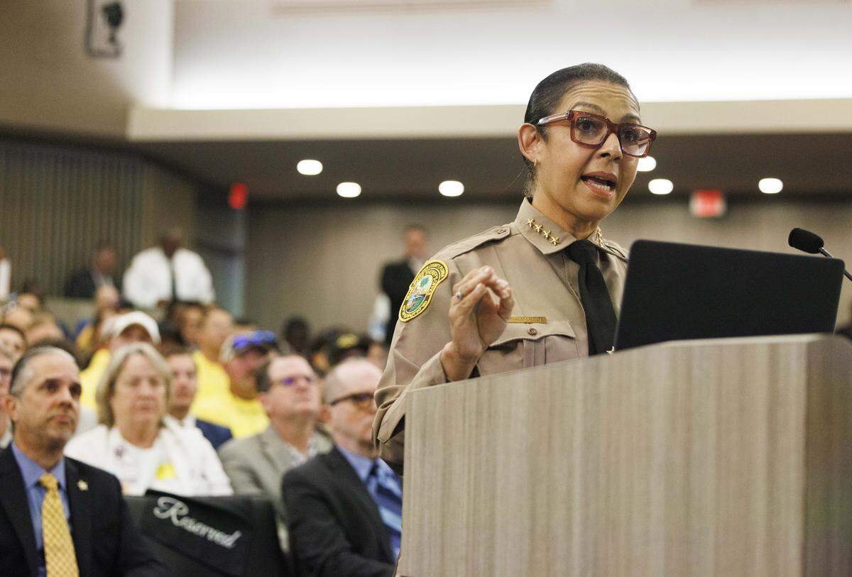 Sheriff Rosie Cordero-Stutz gives a presentation on her needs from the yearly budget during a Miami-Dade County Commission meeting on Wednesday, Aug. 20, 2025, at the Stephen P. Clark Government Center in downtown Miami. 