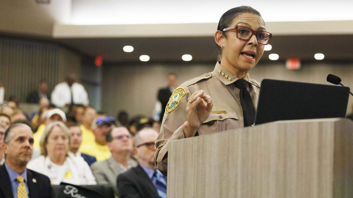 Sheriff Rosie Cordero-Stutz gives a presentation on her needs from the yearly budget during a Miami-Dade County Commission meeting on Wednesday, Aug. 20, 2025, at the Stephen P. Clark Government Center in downtown Miami. 