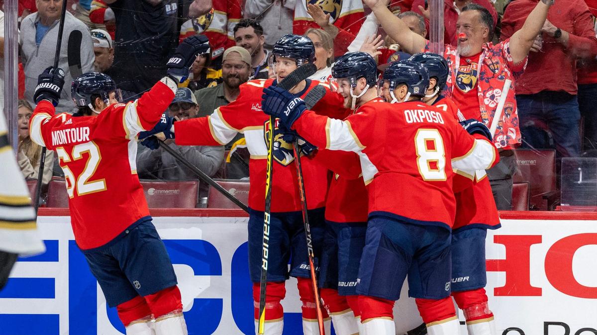 Florida Panthers center Steven Lorentz (18) celebrate with teammates after scoring a goal in the second period of Game 2 of the second-round series of the Stanley Cup Playoffs against the Boston Bruins at Amerant Bank Arena on Wednesday, May 8, 2024, in Sunrise, Fla.