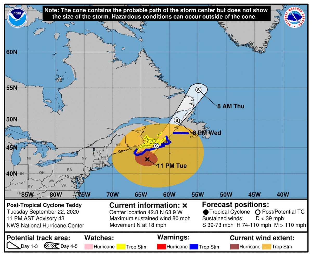 Hurricane Teddy could reach Nova Scotia as a powerful Category 2 storm.