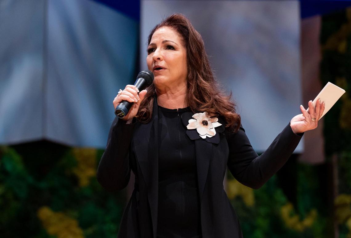 Gloria Estefan introduces Vice President Kamala Harris before they have a conversation during the Aspen Ideas: Climate conference at the New World Center on Wednesday, March 8, 2023, in Miami Beach.