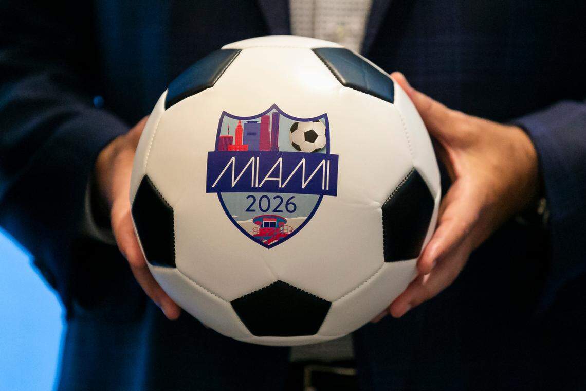 FIFA vice-president and president of CONCACAF Victor Montagliani holds a soccer ball during a press conference at Hard Rock Stadium in Miami Gardens, Florida on Sept. 23, 2021. Montagliani, alongside Colin Smith, FIFA Chief Tournaments & Events Officer, visited Hard Rock Stadium during their city tour of prospective host venues for the 2026 FIFA World Cup.