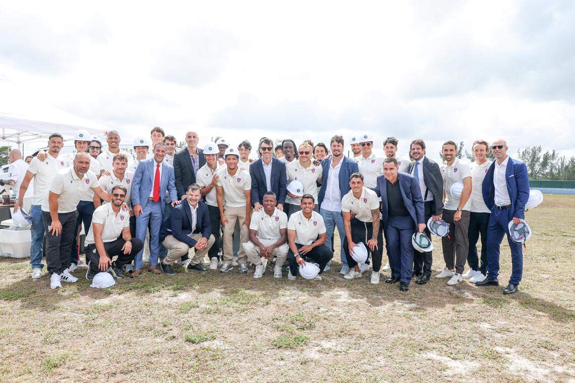 City officials, Sports Performance Hub officials and Miami FC officials and players attend the March 2, 2026 groundbreaking of the Sports Performance Hub in Homestead, a 92-acre, $280 million sports and education complex that will include a 10,000-seat stadium for Miami FC soccer team.