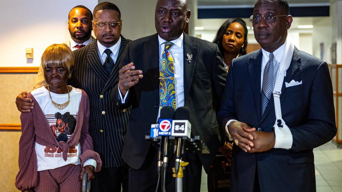 Attorney Benjamin Crump called the shooting last month of Donald Armstrong by a Miami Police officer “excessive” and “unconscionable.” He spoke outside a courtroom at the Miami-Dade criminal courthouse earlier this month. Beside him is Denise Armstrong, the mother of Donald Armstrong, attorney Sue- Ann Robinson, co-counsel Larry Handfield, pastor Gaston Smith.