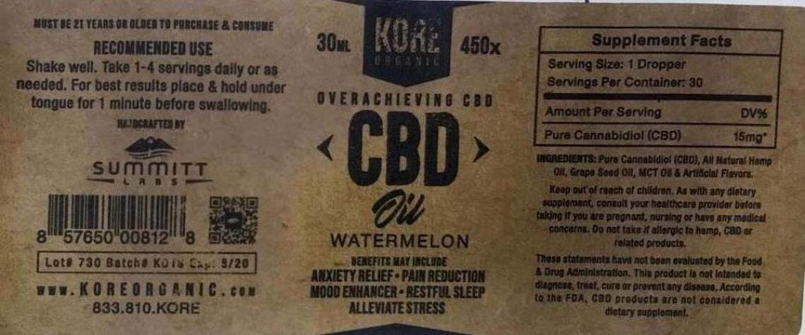 The label for the recalled Kore Organic CBD oil