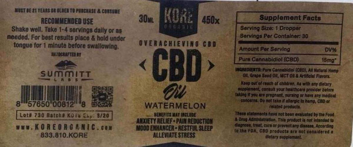 The label for the recalled Kore Organic CBD oil
