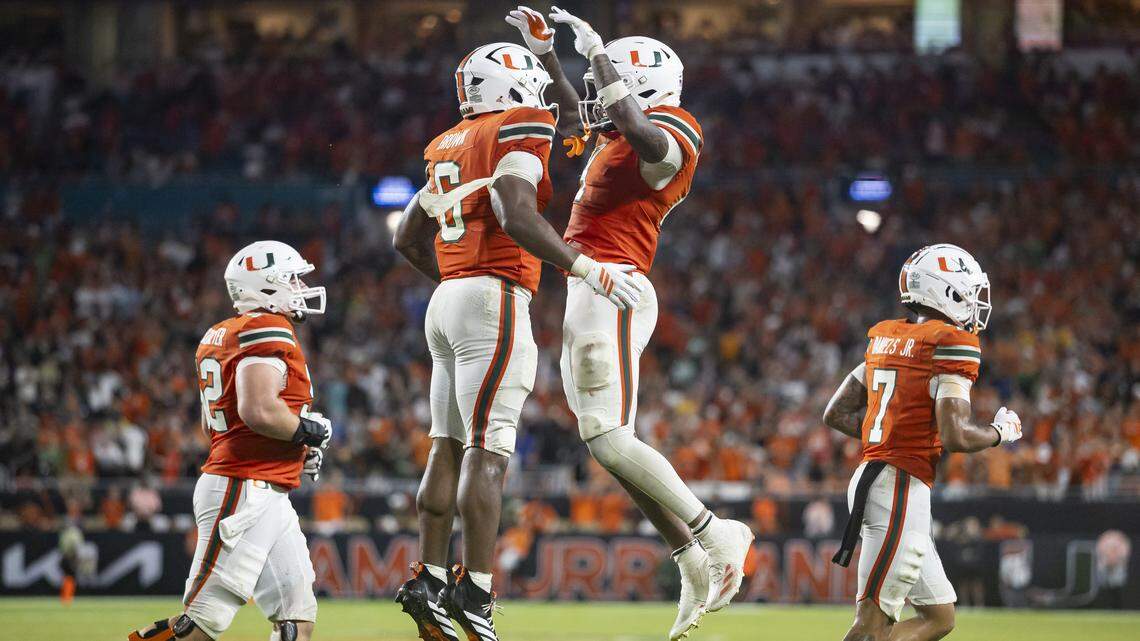 Miami Hurricanes running back CharMar “Marty” Brown (6) celebrates after scoring a touchdown against the Notre Dame Fighting Irish in the second half of their NCAA football game at Hard Rock Stadium on Sunday, Aug. 31, 2025, in Miami Gardens, Fla.