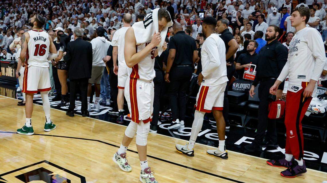 Miami Heat forward Duncan Robinson (55) reacts after the Boston Celtics defeat the Heat in Game 6 of the Eastern Conference finals at the Kaseya Center in Miami on Saturday, May 27, 2023.