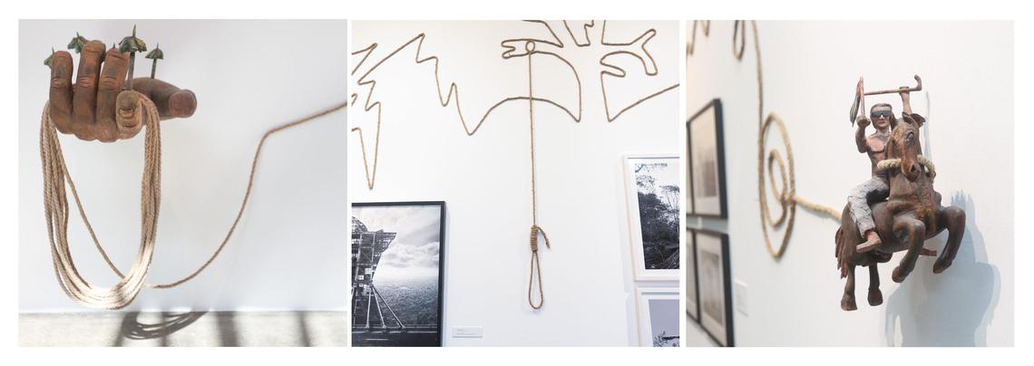 The beginning, middle, and end of ‘El paisaje que me ata’ by Fernando Rodríguez is displayed for the Espacio 23 Cuban art show called “You Know Who You Are” on Tuesday, Nov. 1, 2022, in Miami. The work depicts a blind man on a horse with rope trailing all along the walk behind him showing different scenes. According to one of the curators, the man is leaving a history behind that he is tied to.