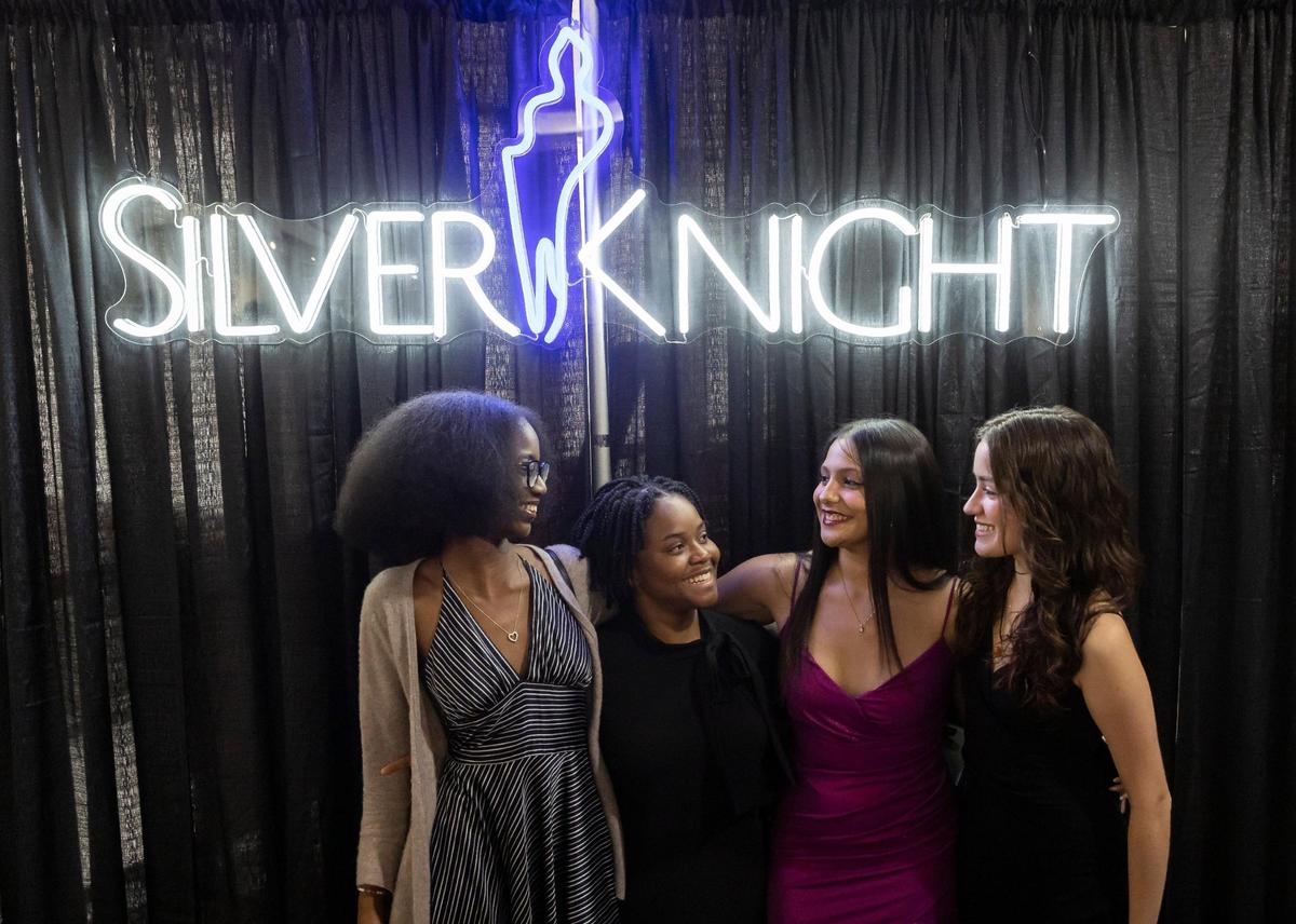 From left, Lenae Washington, 17, Rachel Ulysse, 17, Ayianna Santana, 18, and Camila Garcia, 17, all from the Center for International Education, at the Miami Herald and el Nuevo Herald’s 65th Annual Silver Knight Award ceremony, Thursday, May 25, 2023, at the James L. Knight Center in Miami.