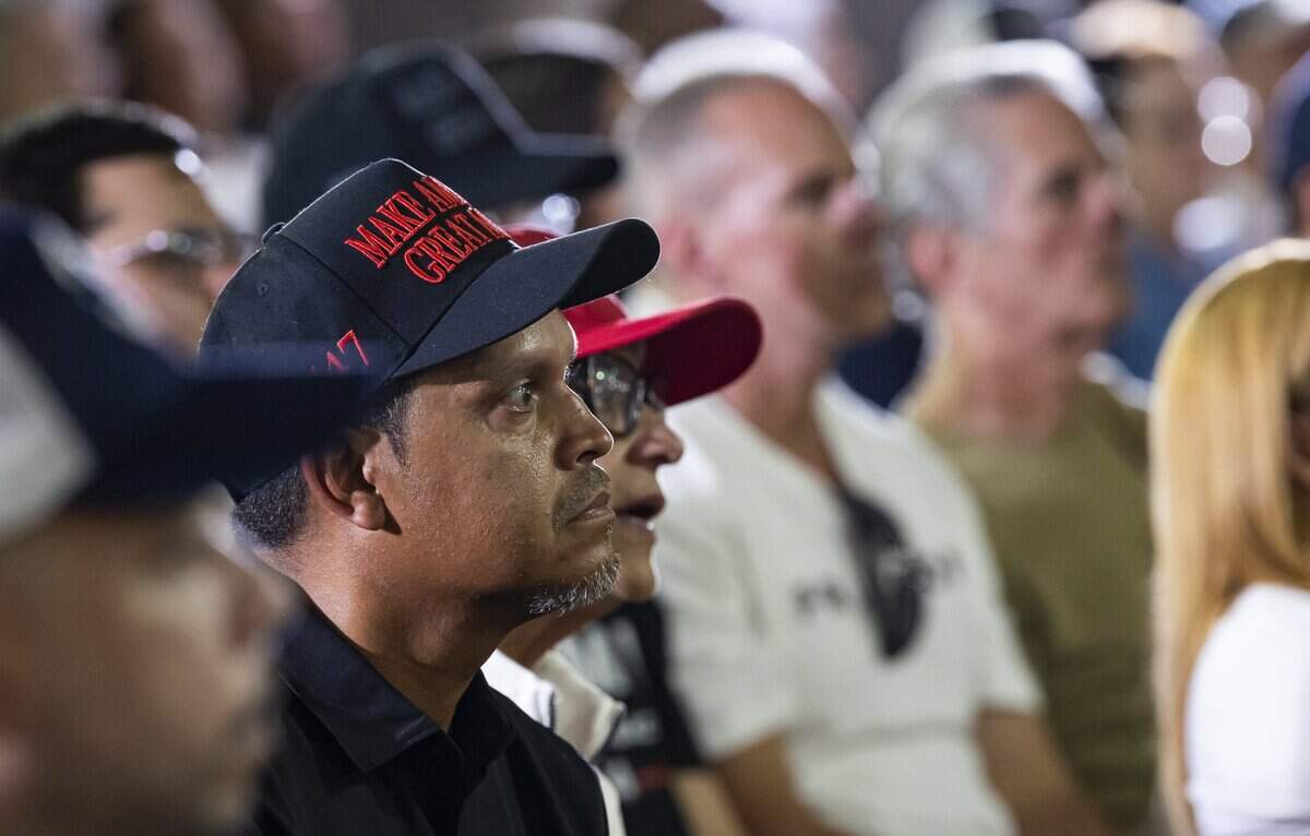 Attendees listen to Byron Donalds speak during a campaign rally at the Hialeah Park Casino on Thursday, Oct. 29, 2026, in Hialeah, Fla.