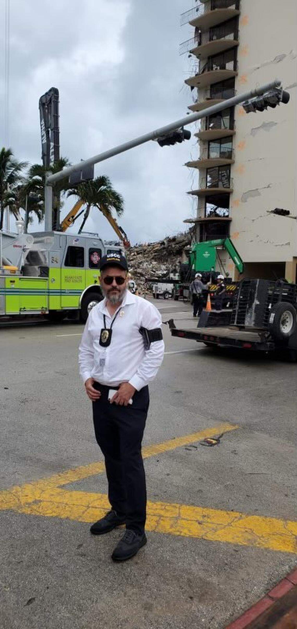 U.S. Chaplain Corps Director General Mendy Coën at the site of the partial condo collapse in Surfside, where he has been working with first responders and families of those missing in the crisis to provide mental health support.