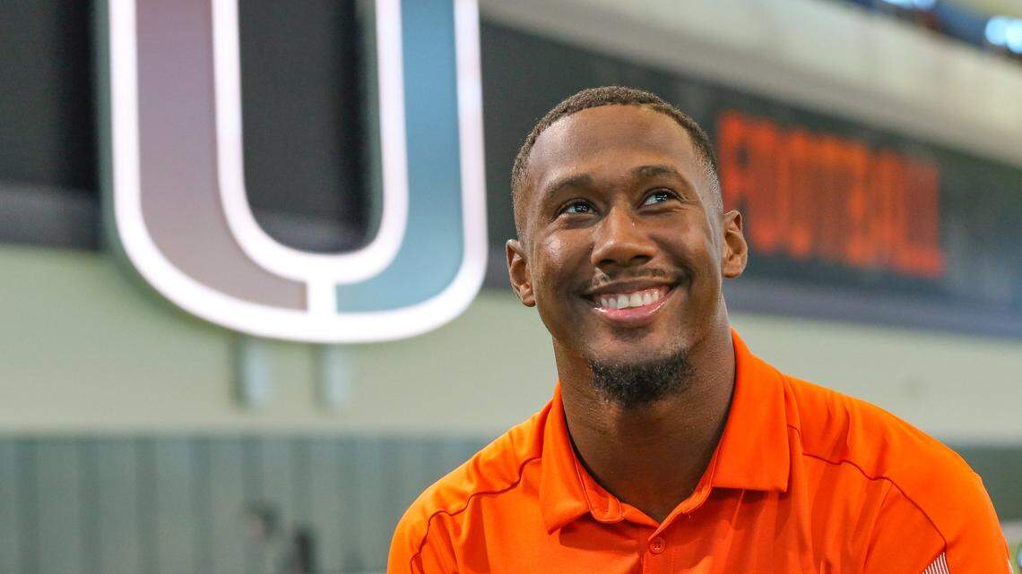 Miami Hurricanes wide receiver Frank Ladson, Jr. speaks to reporters during Media Day in the Carol Soffer Indoor Practice Facility at the University of Miami on Tuesday, August 2, 2022.