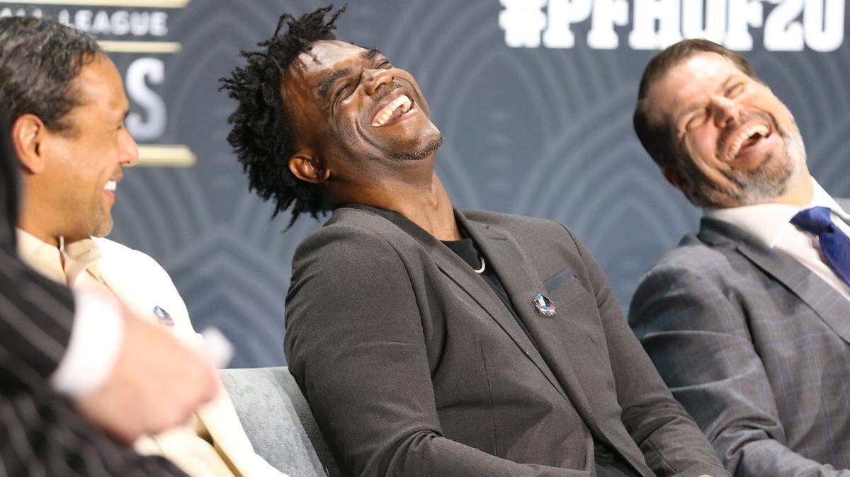 Former NFL running back and UM alum Edgerrin James sits with fellow inductees into the Pro Football all of Fame at the NFL Honors show at the Adrienne Arsht Center in Miami on February 1, 2020. James’ enshrinement, delayed a year by the pandemic, is Saturday.