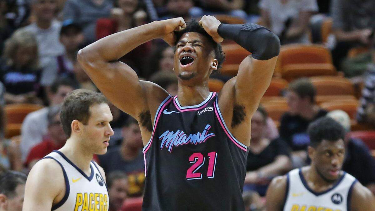 Miami Heat center Hassan Whiteside (21) reacts after a call against the Heat in the fourth quarter as the Miami Heat host the Indiana Pacers at AmericanAirlines Arena in Miami on Saturday, February 2, 2019