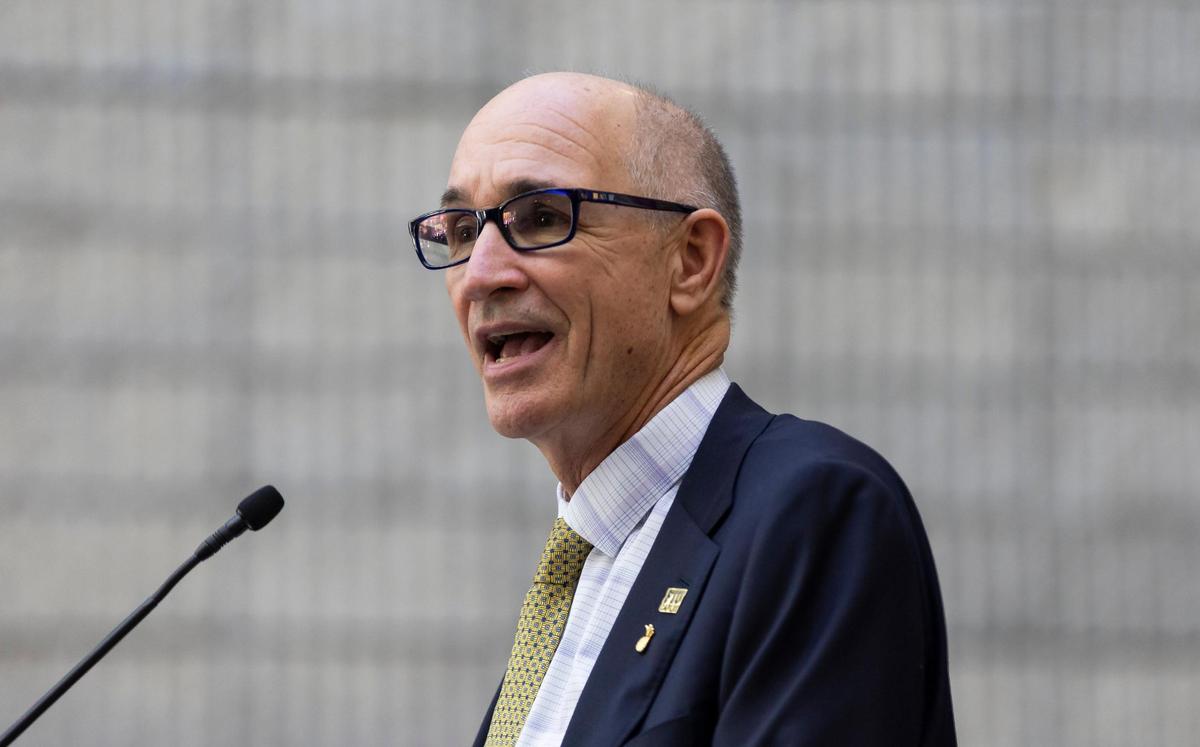 Florida International University President Kenneth A. Jessell speaks during a ribbon-cutting ceremony at FIU’s Biscayne Bay Campus on Friday, Nov. 17, 2023, in North Miami, Fla. The ceremony was held to officially unveil the Lee Caplin School of Journalism & Media, the iSTAR Volumetric Capture Studio and the Sam Moore: The Legendary Soul Man Theatre.