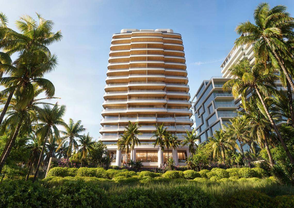 An architectural rendering shows a view from the beach of the planned Casa Cipriani luxury hotel and condo that would replace two historic hotels on Collins Avenue and 36th Street in Miami Beach. The existing Beach House 8 condo, which applied for approval of the new building jointly with developers 13th Floor Investments, stands immediately to its right.