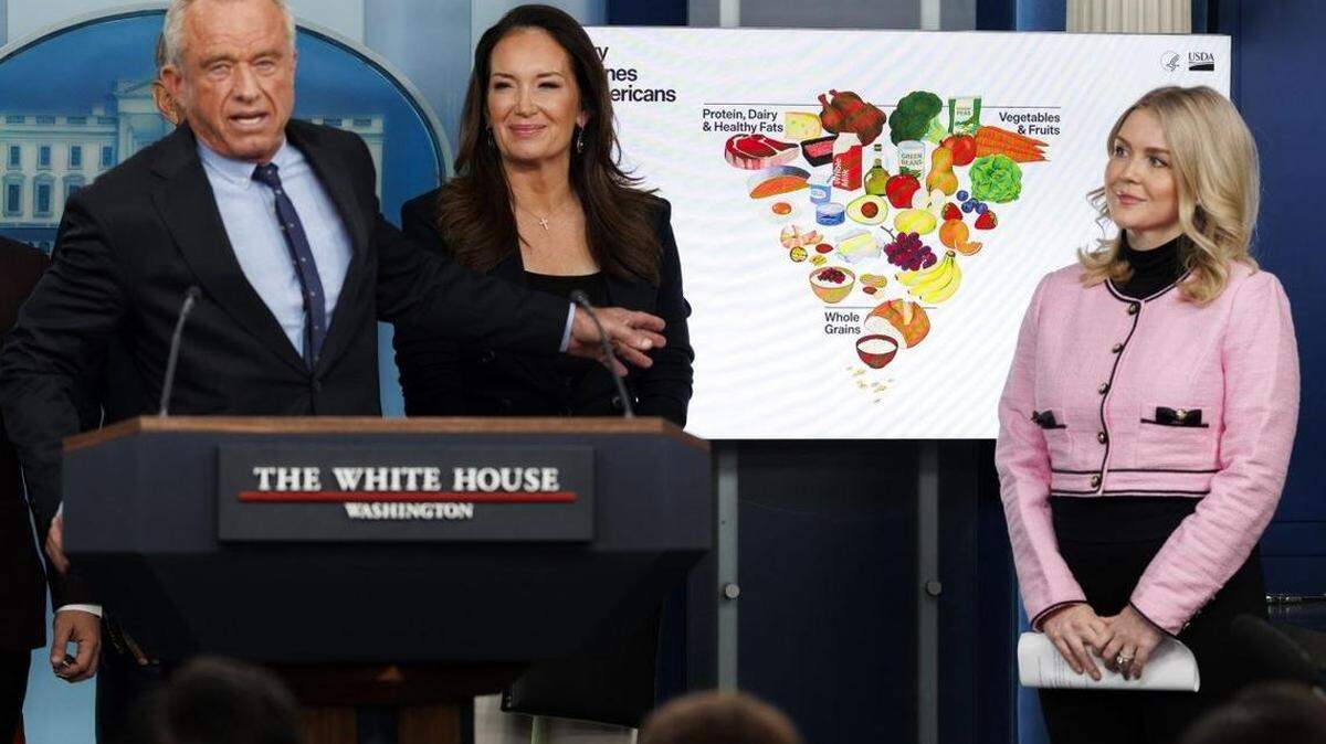 Secretary of Health and Human Services Robert F. Kennedy Jr. speaks alongside Secretary of Agriculture Brooke Rollins and White House press secretary Karoline Leavitt during a press briefing at the White House on Wednesday, Jan. 7, 2026. The U.S. government has released updated dietary guidelines for Americans with a new food pyramid, shown behind them. 
