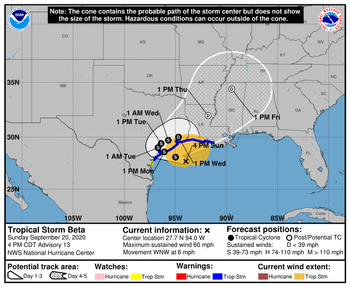 Tropical Storm Beta at 5 p.m. Sunday, Sept. 20, 2020.