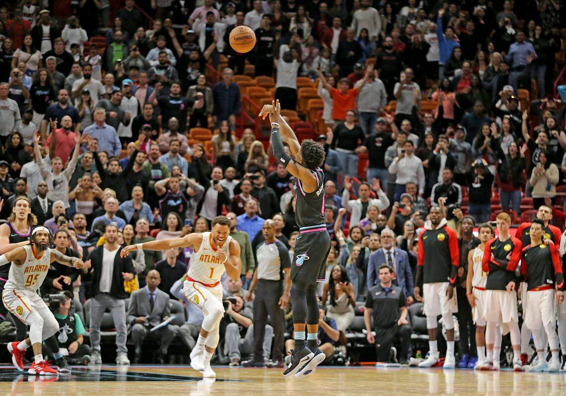 Miami Heat Josh Richardson shoots in the final seconds of the game but the ball fall short of the basket allowing a victory for the Atlanta Hawks at the AmericanAirlines Arena in  Miami, Florida, Tuesday, November, 27, 2018.