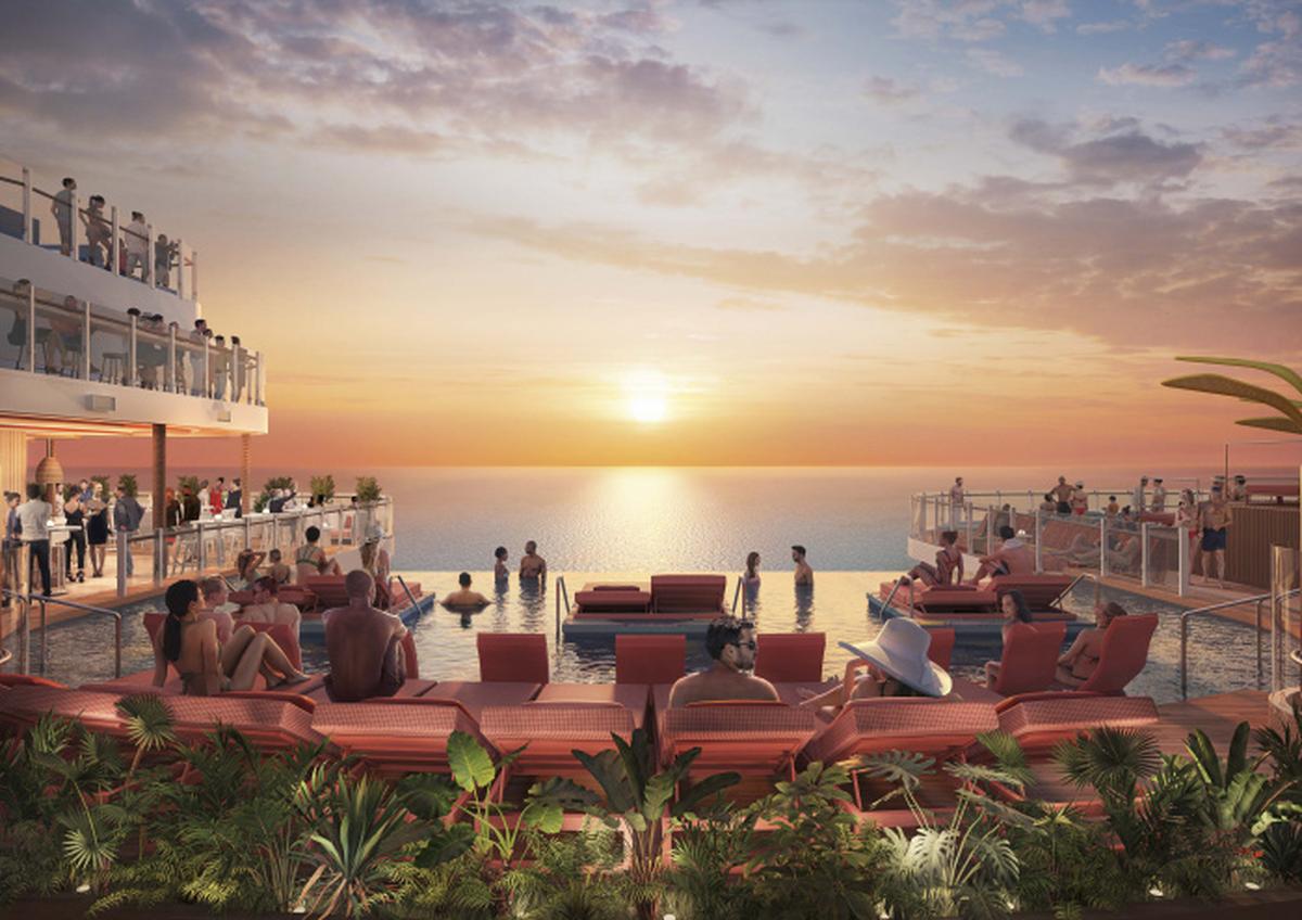 The infinity pool, seen in this rendering, will be suspended above the back of the ship on Icon of the Seas.