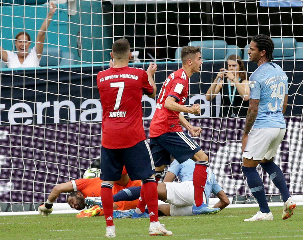 BAYERN’s mid fielder Meritan Shabani (37), center, celebrates his goal against Manchester  during the first half of the International Champions Cup match between FC Bayern and Manchester City at Hard Rock Stadium, on Saturday, July 28, 2018.