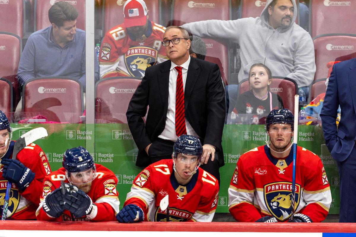 Florida Panthers Head Coach Paul Maurice reacts from the bench duirng the third period of an NHL game against the St. Louis Blues at Amerant Bank Arena in Sunrise, Florida, on Thursday, December 21, 2023.