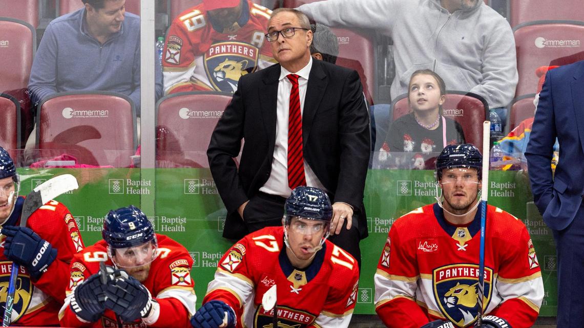 Florida Panthers Head Coach Paul Maurice reacts from the bench duirng the third period of an NHL game against the St. Louis Blues at Amerant Bank Arena in Sunrise, Florida, on Thursday, December 21, 2023.