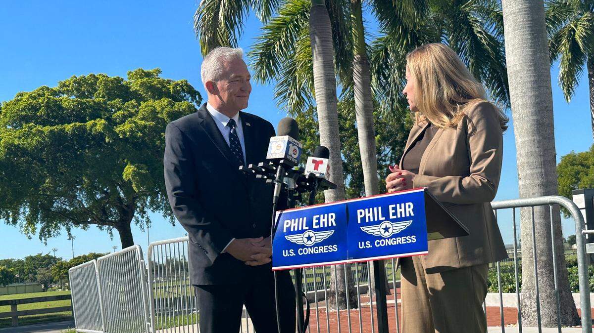 Democrat Phil Ehr stands with former Congresswoman Debbie Mucarsel-Powell during a Miami press conference announcing his campaign to run in the Democratic primary for Florida’s 28th congressional district, represented by Republican U.S. Rep. Carlos Gimenez.