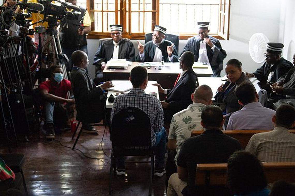 Colombian men accused of involvement in the assassination of former Haitian President Jovenel Moise, attend a hearing at the Court of Appeals in Port-au-Prince, Haiti, on June 16, 2025. Haitian president Jovenel Moise was assassinated on July 7, 2021 in his Port-au-Prince residence. Haitian president Jovenel Moise was assassinated on July 7, 2021 in his Port-au-Prince residence. (Photo by Clarens SIFFROY / AFP) (Photo by CLARENS SIFFROY/AFP via Getty Images)