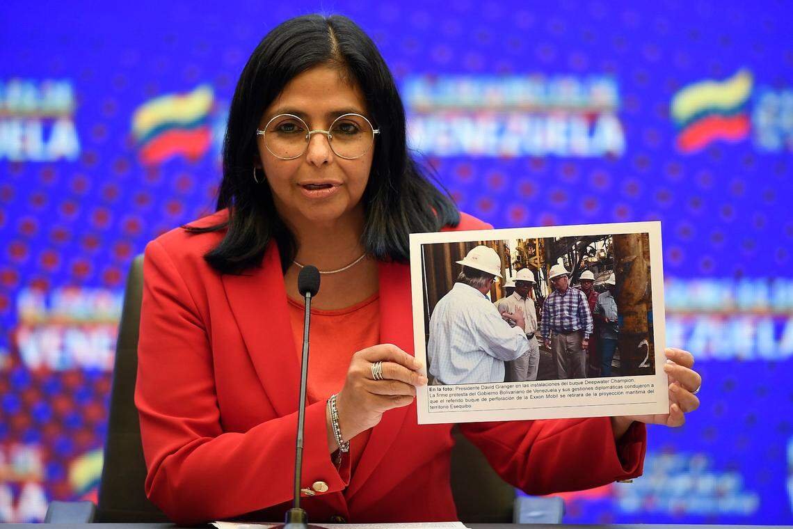 Venezuelan Vice President Delcy Rodriguez demands Exxon stop drilling in a disputed area on January 11, 2021. Since 2015, Venezuela and Guyana have repeatedly faced friction as a result of oil exploration carried out by a U.S. subsidiary of Exxon Mobil in an area disputed since the 19th century off the north coast of South America.