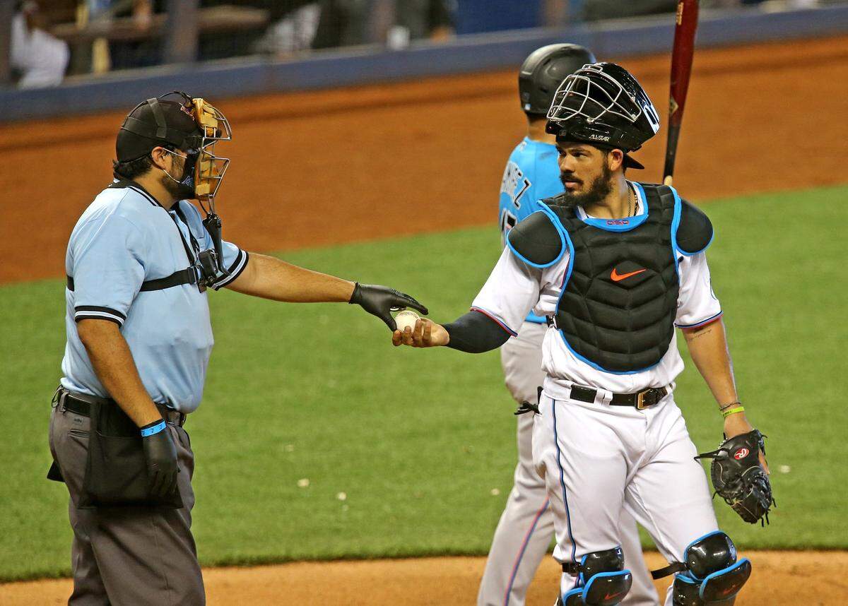Miami Marlins catcher Jorge Alfaro (38) during a simulated game at Marlins Park, Miami, Florida, July 9, 2020.
