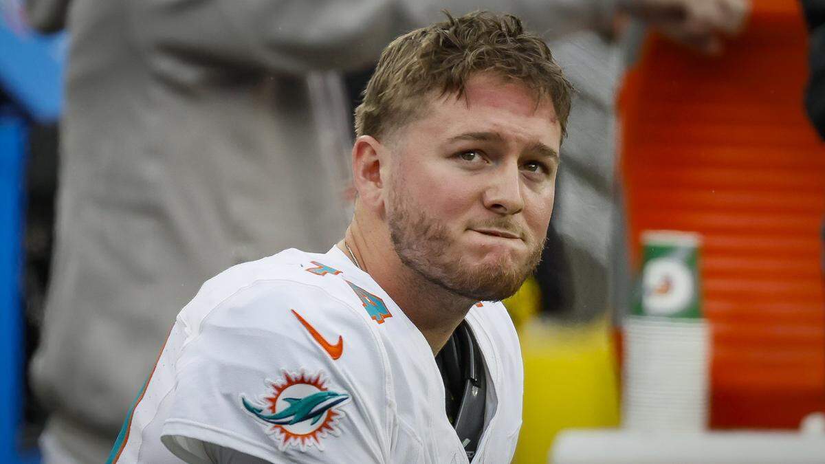 Miami Dolphins quarterback Quinn Ewers (14) on the bench after a turnover as Cleveland Browns take possession of the ball during the second half of an NFL football game at Huntington Bank Field in Cleveland, Ohio, on Sunday, October 19, 2025.