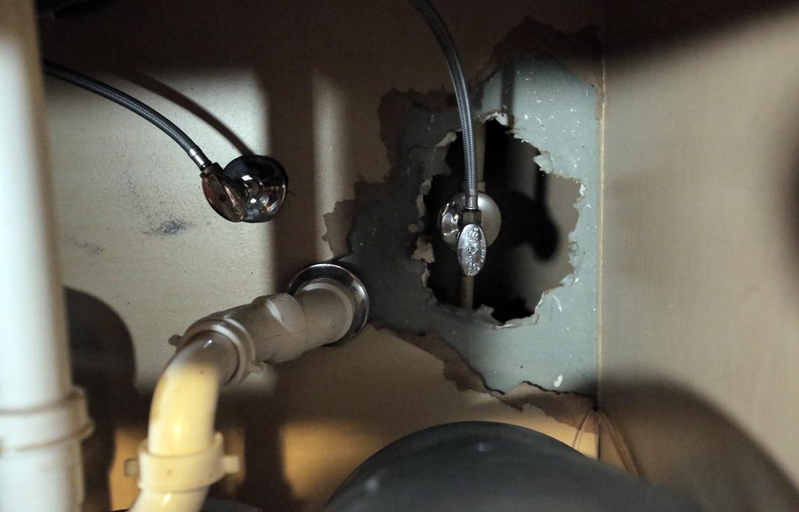 Miami, Florida, November 15, 2018 - A hole under the kitchen sink in Tamika Knight’s apartment. Knight, who lives on $685 in disability insurance each month, has lived in this apartment for four years. In 2016, it seemed like conditions would improve: The Gardens’ owner began renovating the entire housing complex, and Knights left to live with her mother for six months. But as Knights found out when she returned, little changed.