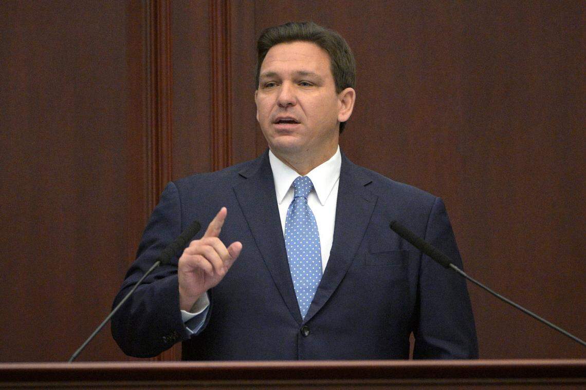 Florida Gov. Ron DeSantis addresses a joint session of the Legislature, Tuesday, Jan. 11, 2022, in Tallahassee, Fla.