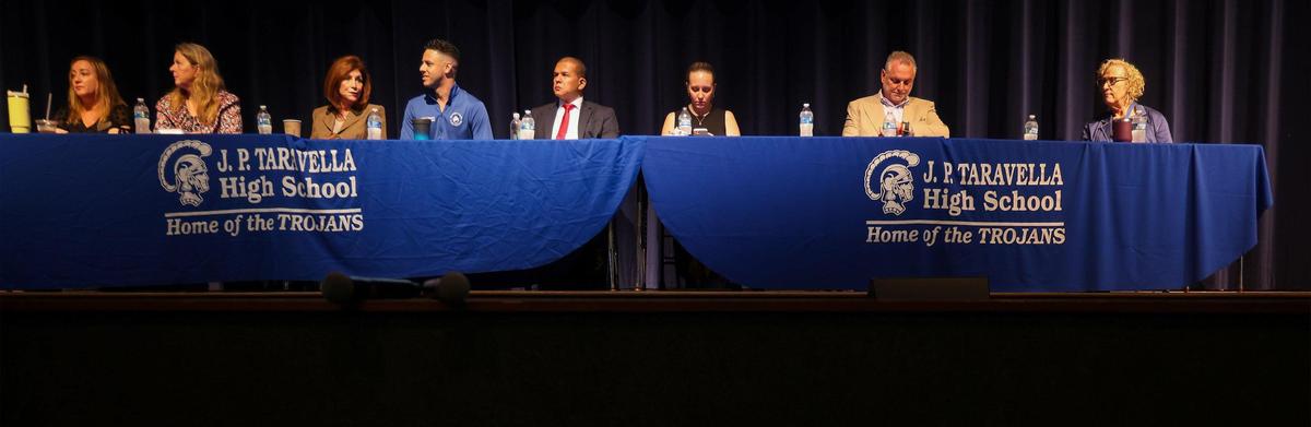Members of the school board along with the superintendent are in attendance as Broward County Public Schools held the second of three town halls to discuss with the community the possibility of closing schools in 2025 due to under-enrollment. Left to Right: school board members - Board Chair Lori Alhadeff (District 4), left, Board Vice Chair Debra Hixon (Countywide at Large, Seat 9), Brenda Fam, Esq. (District 6), Daniel Foganholi (District 1), Dr. Jeff Holness (District 5), Sarah Leonardi (District 3), Superintendent Peter B. Licata, and Nora Rupert (District 7).