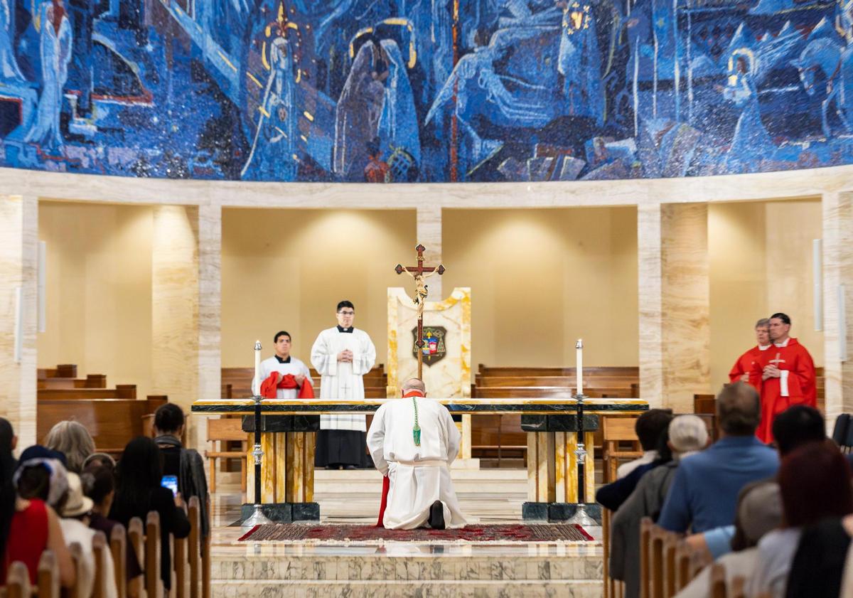 Miami Archbishop Thomas Wenski prays during a Good Friday service at the Cathedral of St. Mary on Friday, April 18, 2025, in Miami, Fla.