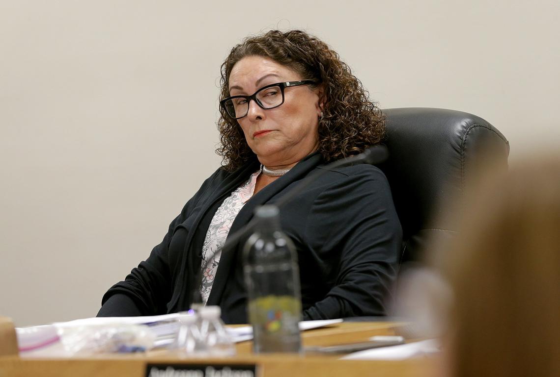 North Bay Village City Mayor Connie Leon-Kreps reacts during a commission meeting on Tuesday, May 8, 2018.