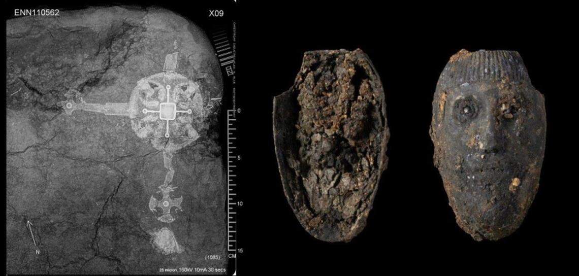 Left: An x-ray image of the larger cross found in the grave. Right: One of the human faces cast in silver.