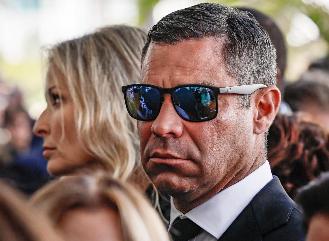 Miami Mayor Francis Suarez attends a memorial service at Miami City Hall for Commissioner Manolo Reyes, in Miami, Florida on Wednesday, April 16, 2025.