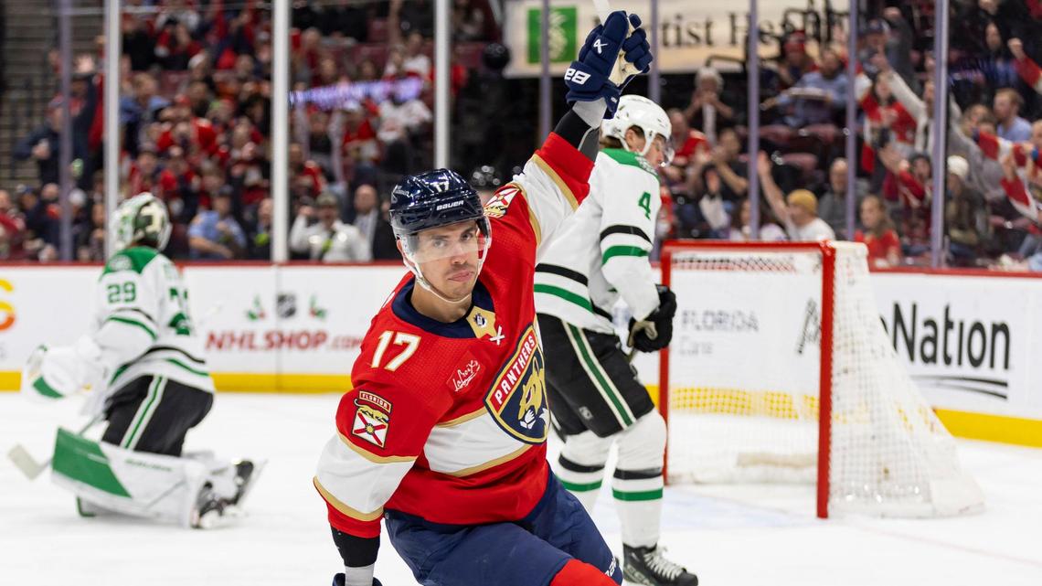 Florida Panthers center Evan Rodrigues (17) celebrates after scoring a goal against the Dallas Stars in the first period of their NHL game at the Amerant Bank Arena on Wednesday, Dec. 6, 2023, in Sunrise, Fla.