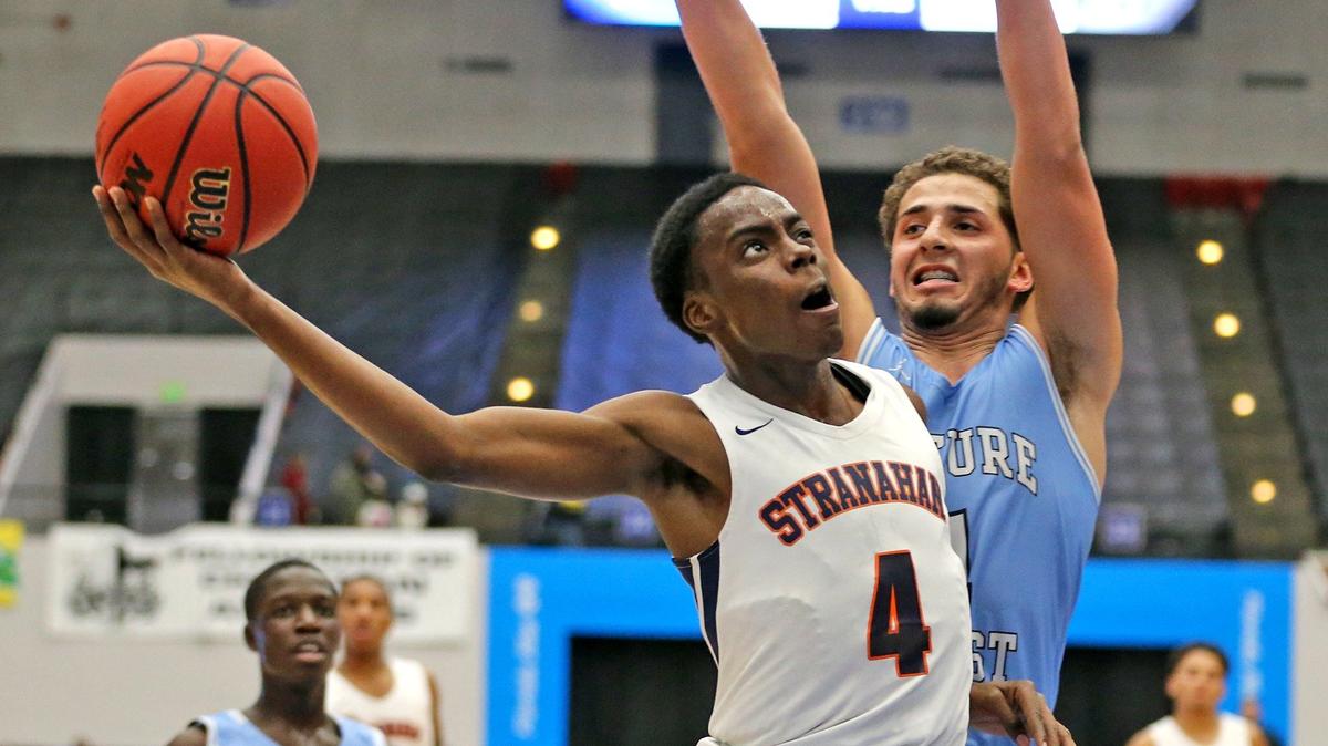 Stranahan HS Brian Dugazon (4) shoots a basket as they play Nature Coast Tech in the Class 6A Boy’s Semi-Finals State Basketball Championships at the RP Funding Center in Lakeland, Florida, Wednesday, March, 6, 2019.