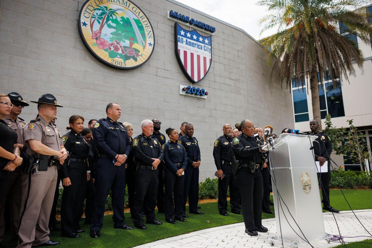 Miami Gardens Police Chief Delma Noel-Pratt holds a press conference addressing recent allegations in response to the lawsuit involving five officers on Thursday, July 17, 2025 outside the Miami Gardens Police Department in Miami Gardens, Fla.