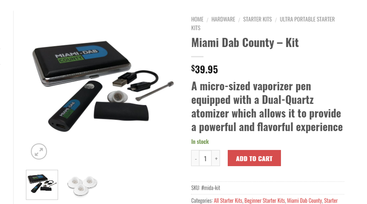 A screenshot from vaporartillery.com, a Miami-based website selling the "Miami-Dab County" vaping kits that drew a stern letter from Miami-Dade County claiming trademark infringement.