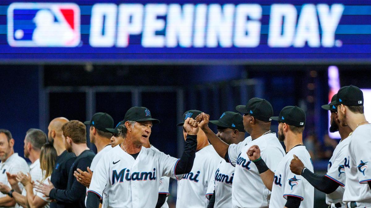 Miami Marlins manager Don Mattingly (8) is introduced before the team’s season home opener baseball game against the Philadelphia Phillies at LoanDepot Park on Thursday, April 14, 2022 in Miami, Florida.