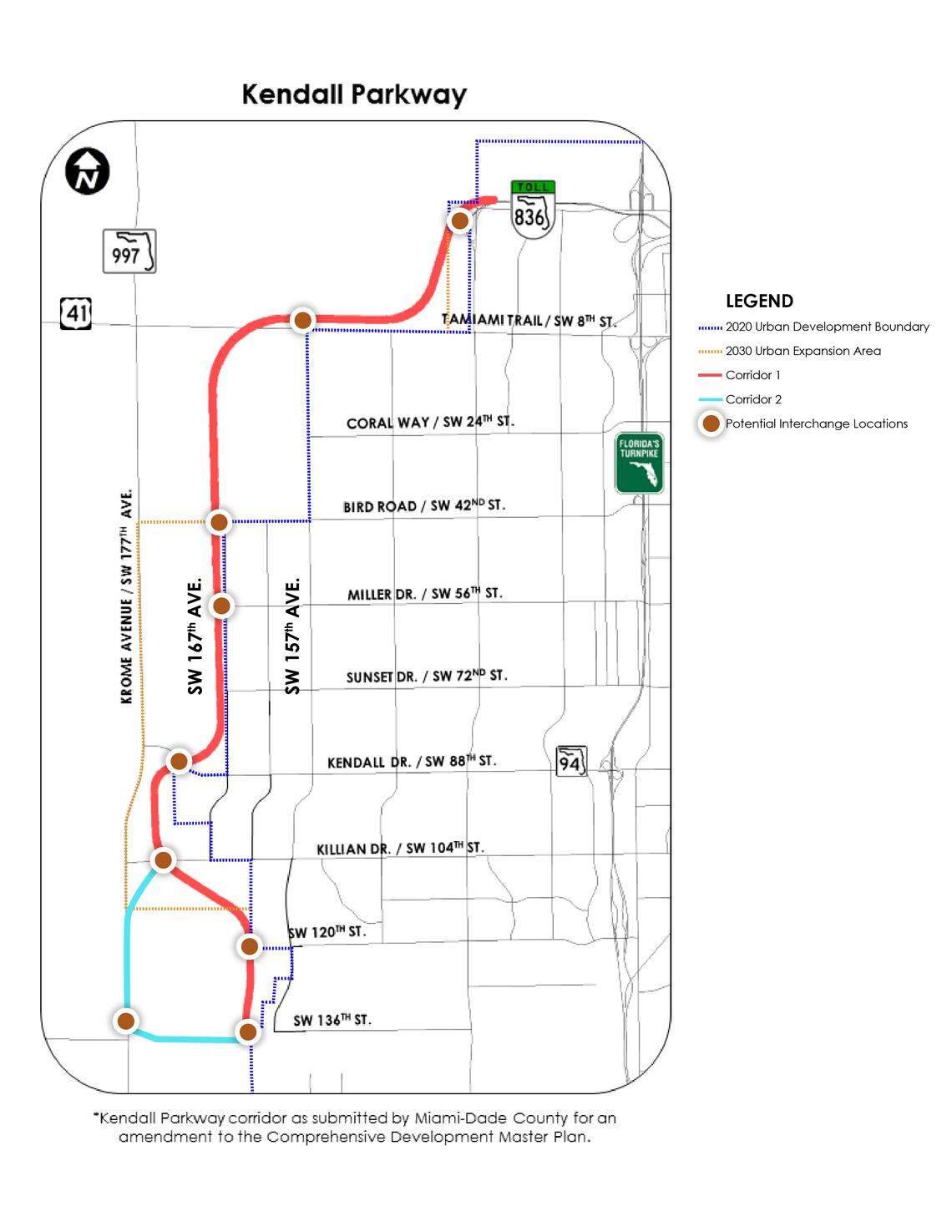 A look at the potential route for the State Road 836 extension, dubbed the Kendall Parkway by the toll agency that would build the $1 billion project, the Miami-Dade Expressway Authority.